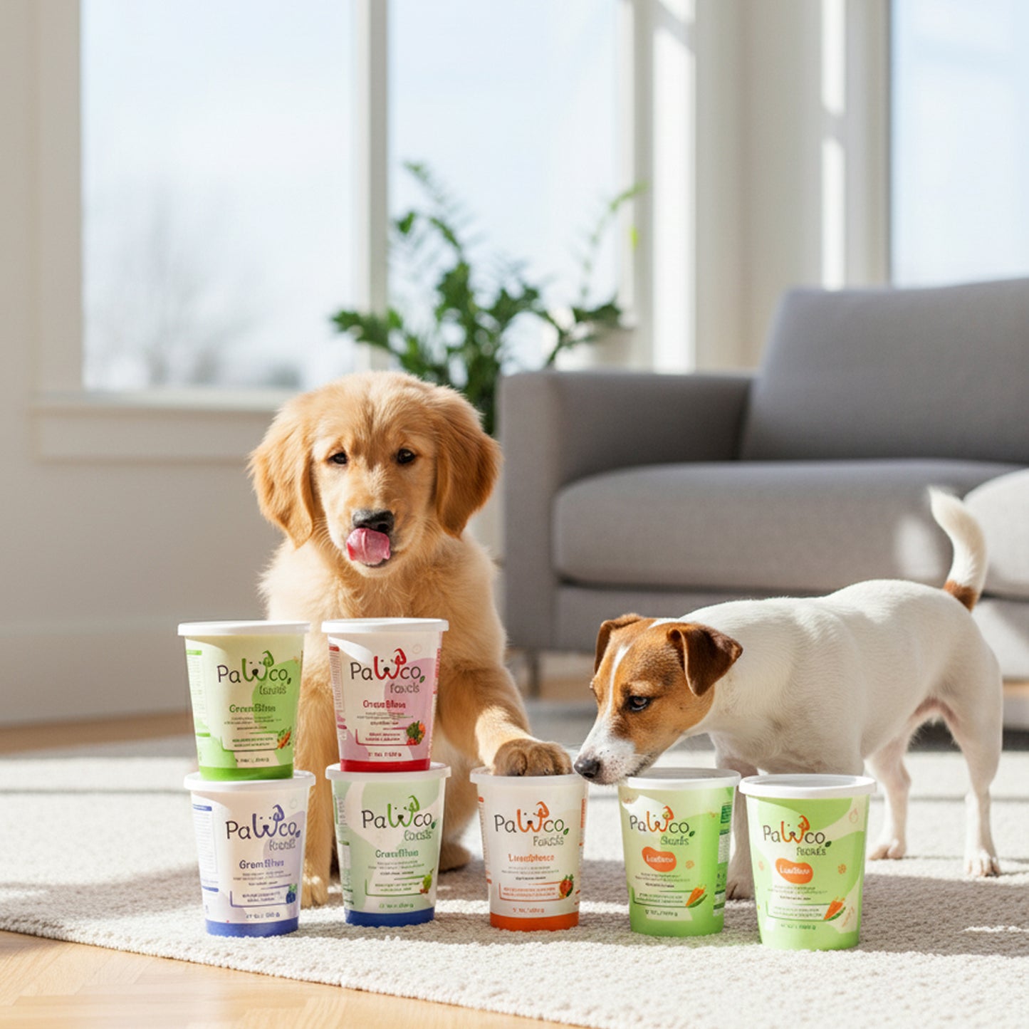 PawCo Fresh Bites Variety Box – two dogs in living room, Labrador paw on package and Russell Terrier interacting with box