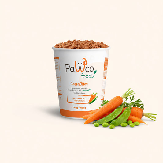 PawCo GreenBites Mix & Carrot healthy, high quality fresh dog food – open container with food, white background – PawCo Foods