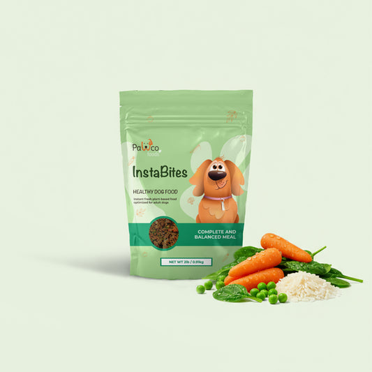 Instabites healthy, high quality dog food pouch – with bowl of prepared food on white background – PawCo Foods