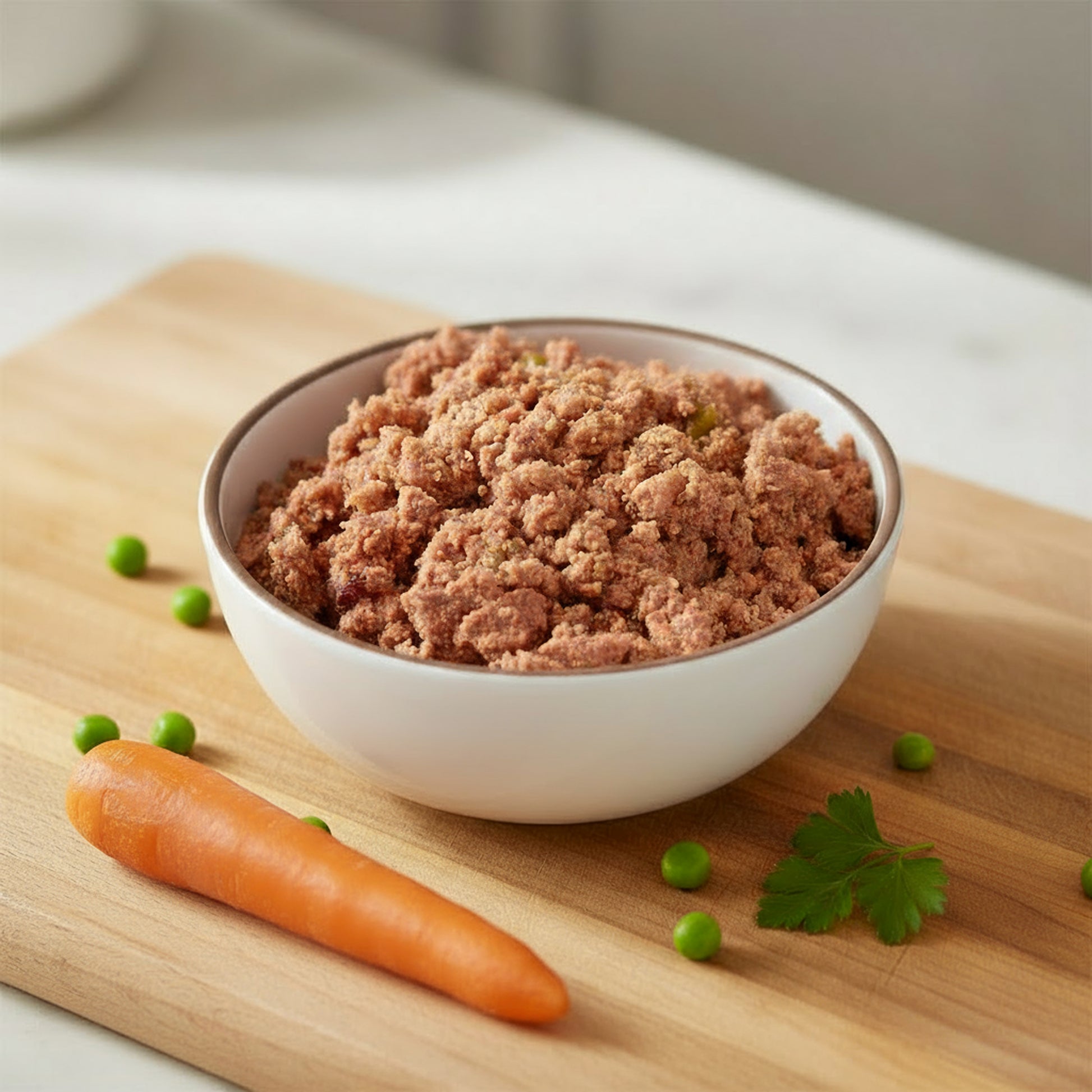 PawCo LuxBites healthy, high quality fresh dog food – close-up of food in white bowl on wooden board with carrots and peas – PawCo Foods