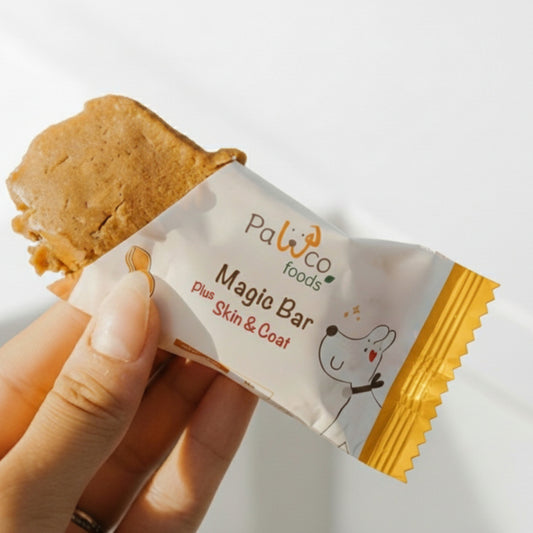 PawCo Magic Bar Skin & Coat – half-unwrapped bar held in hand, showing inside – PawCo Foods