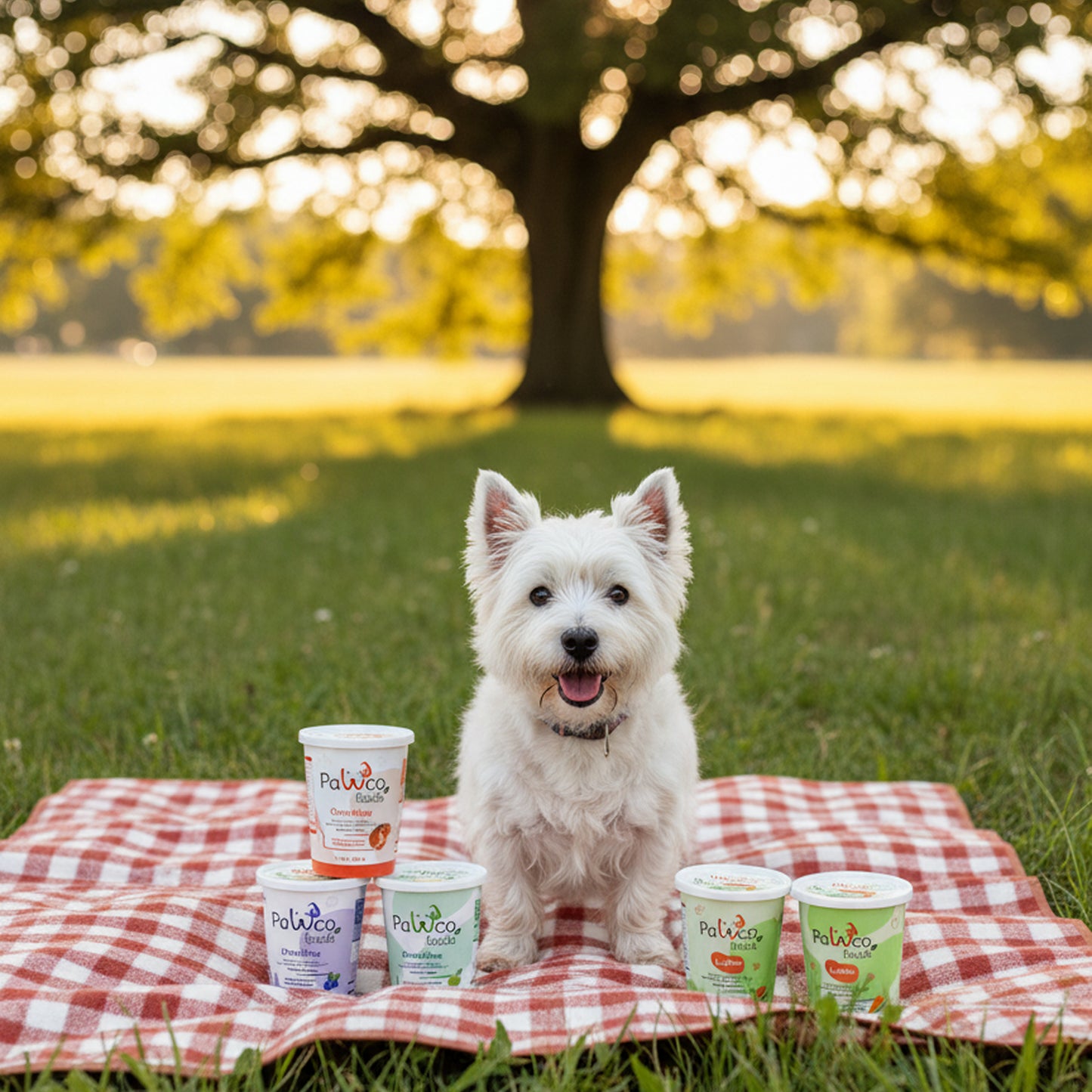 PawCo Fresh Bites Variety Box – white West dog sitting next to box on checkered blanket in park 
