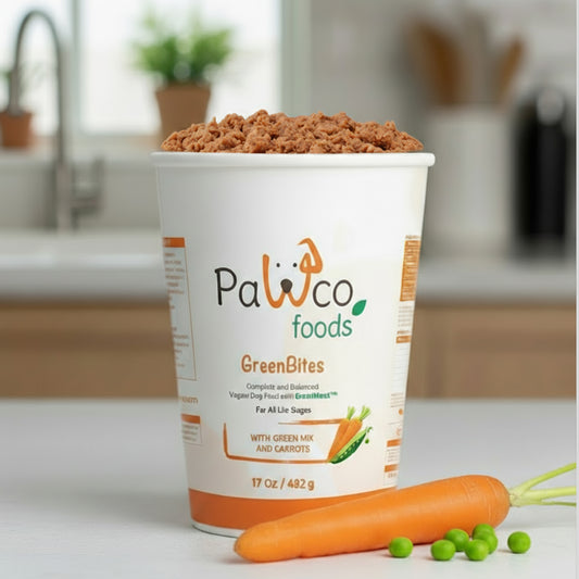 PawCo GreenBites Mix & Carrot healthy, high quality fresh dog food – open pouch with food, carrots and peas on counter – PawCo Foods
