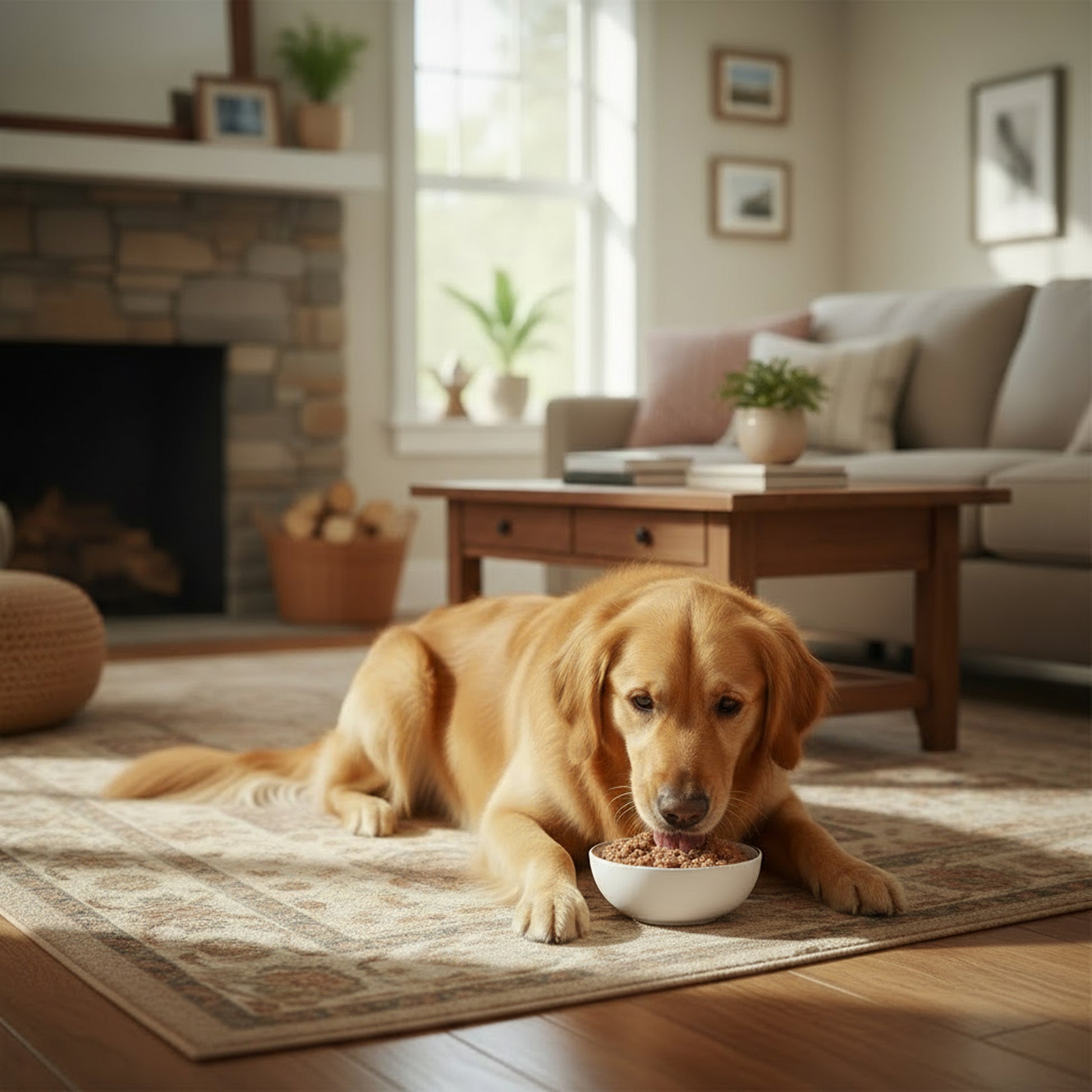 PawCo LuxBites healthy, high quality fresh dog food – Labrador eating from white bowl on living room carpet – PawCo Foods